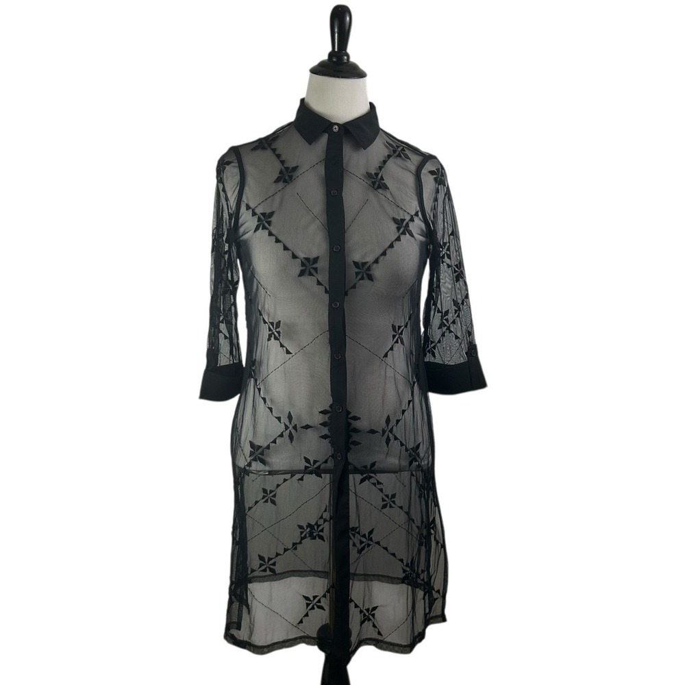 WHIMSIGOTH Black Sheer Mesh Button TOP sz M Long Embroidered Witchy Dark Fairy
